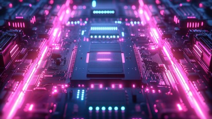 Fototapeta premium Futuristic Microchip Processor Illuminated with Neon Lights in Cyberpunk Style
