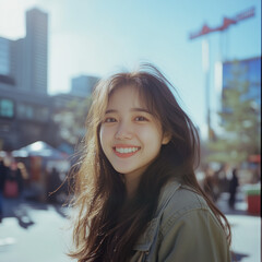 portrait of a young adult asian woman standing in the middle of a  busy city square during the day