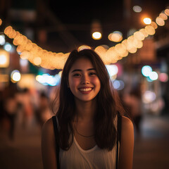 portrait of a young adult asian woman standing in the middle of a  busy city square during the day