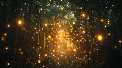 Naklejka premium Magical enchanted forest path with glowing lights and particles.