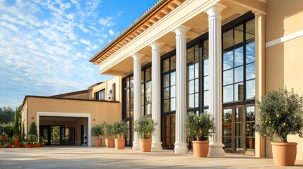 A luxurious light tan house with tall glass windows and polished white columns at the entrances