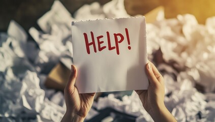 Hands holding a help sign amidst crumpled papers.