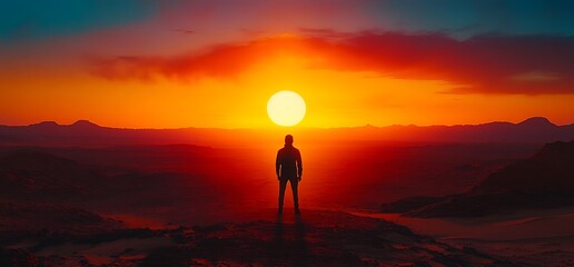 Fototapeta premium Person watching sunset over mountains. Travel, hope, freedom concept