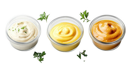 three glass bowls filled with different types of creamy sauces or dips. each with a distinct color white. yellow. and orange fresh parsley sprigs are scattered around. enhancing the presentation  vari