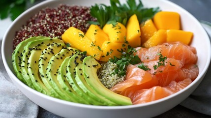 Modern twist a poke bowl featuring quinoa smoked salmon mango and avocado slices