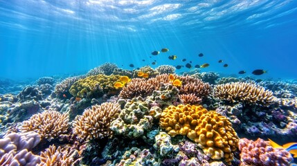 Fototapeta premium Vibrant Underwater Coral Reef Scene with Colorful Fish Swimming in Sunlight