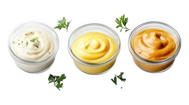 three glass bowls filled with different types of creamy sauces or dips. each with a distinct color white. yellow. and orange fresh parsley sprigs are scattered around. enhancing the presentation  vari