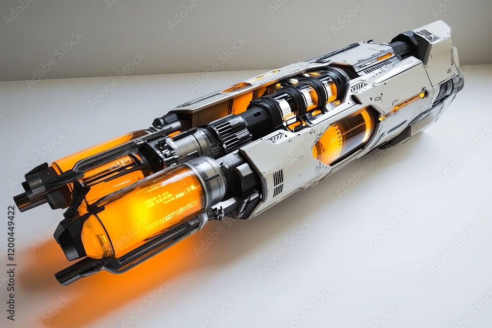 Poster advanced futuristic weapon design featuring glowing components and intricate detailing on a smooth s