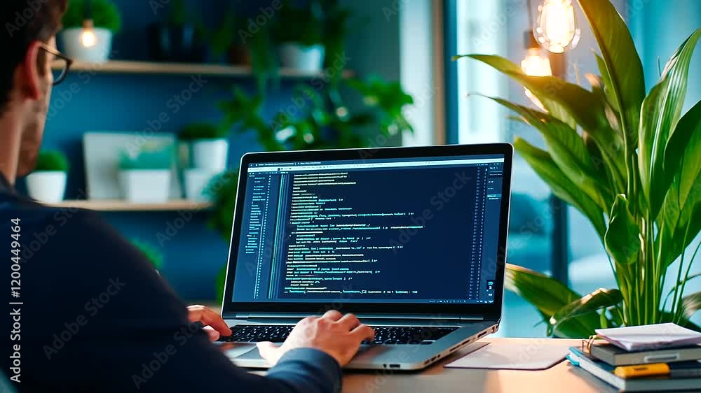 Aufkleber minimalist workspace with programmer and fresh greenery