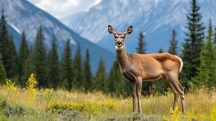 Obraz premium Deer in mountain meadow, wildflowers, majestic peaks. Wildlife photography for nature, travel, and environmental publications