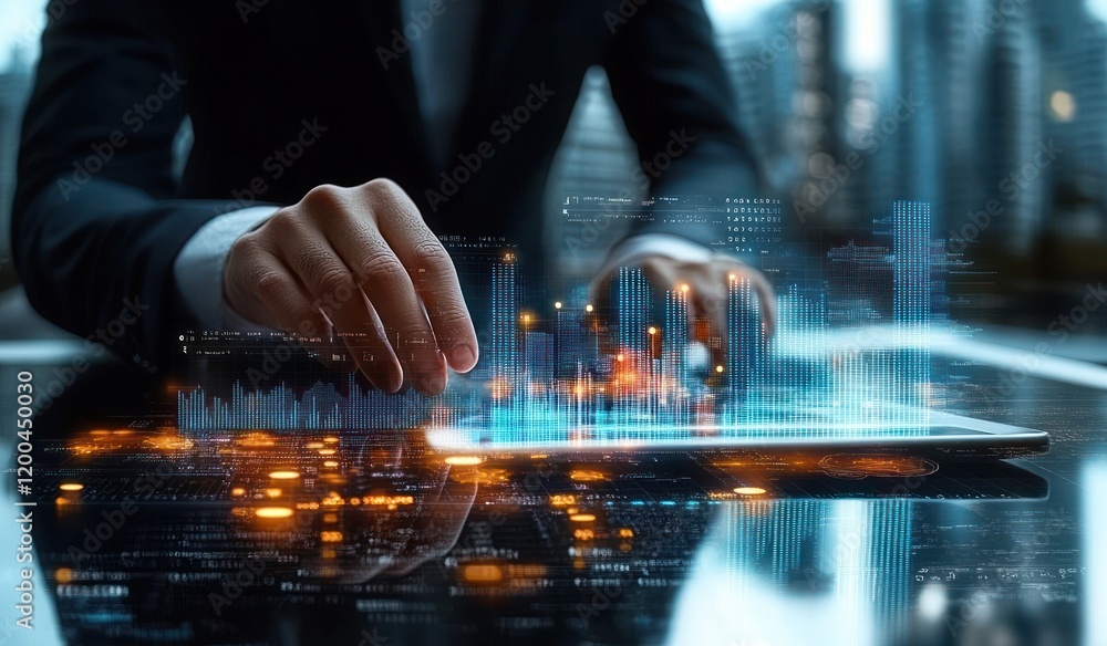 Poster business professional analyzing financial growth data with tablet displaying graphs in futuristic de