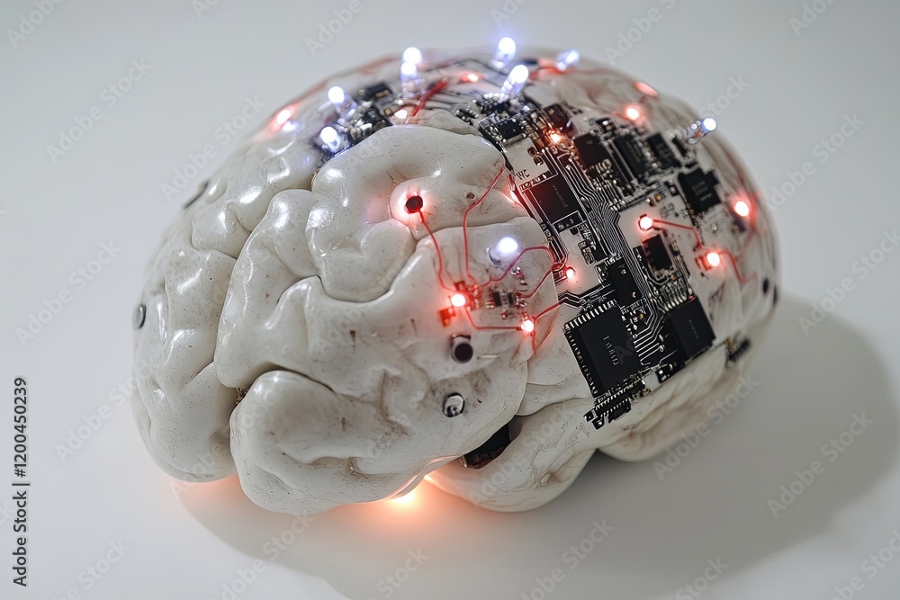 Poster futuristic brain model with circuits and glowing lights for technology and neuroscience enthusiasts.