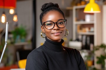 Fototapeta premium Confident Black Woman in Stylish Glasses Smiling in Modern Office