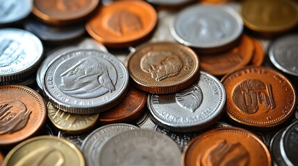 Pile of various coins, close-up view, financial background, for finance articles