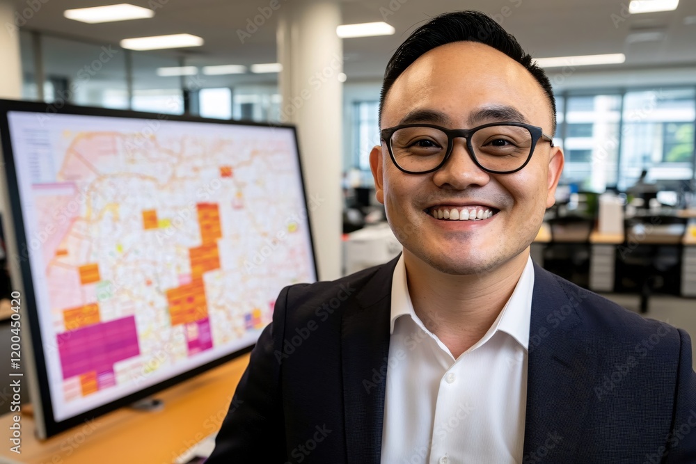 Poster successful businessman smiling confidently in modern office setting near data map display