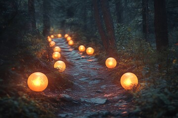 Enchanting forest path illuminated by glowing orbs at night.