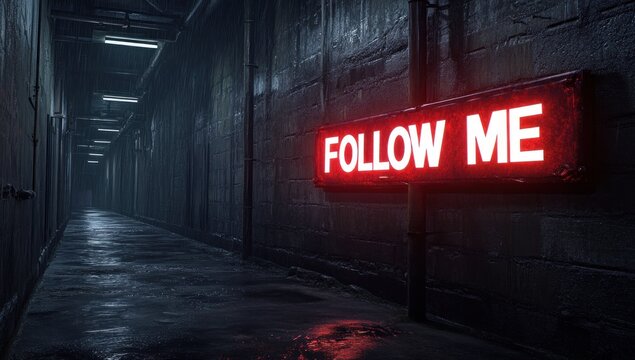 Dark hallway with ominous "Follow Me" sign.