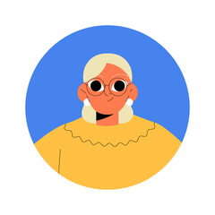 Elderly Female Avatar In Glasses And Yellow Sweater In Flat Vector Illustration Symbolizing Grace And Maturity, Isolated On White Background