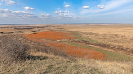 Fototapeta premium Spring steppe landscape orange flowers, river valley, flat terrain. Use nature background