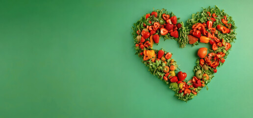 Heart shape made from various fresh fruits and vegetables on green background
