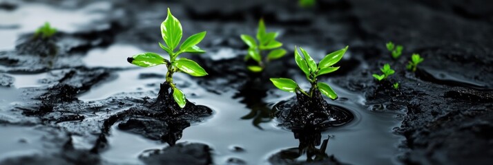 Naklejka premium Small green plants emerge from black oil on wet ground, showcasing resilience and adaptability in harsh conditions. Generative AI