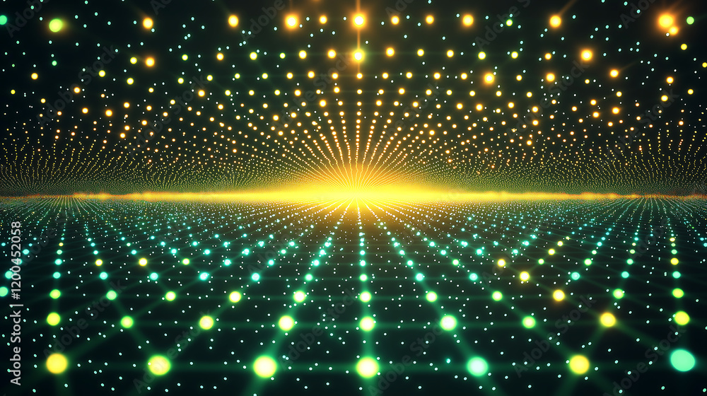 Poster futuristic glowing energy grid with neon dots representing abstract data networks, illuminating conn