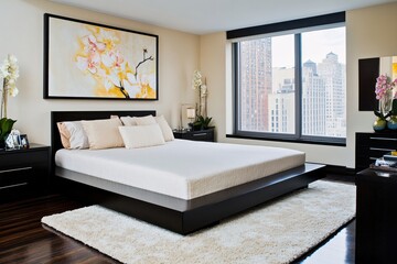 Fototapeta premium Modern Bedroom Design City View Luxury Apartment Chic Decor