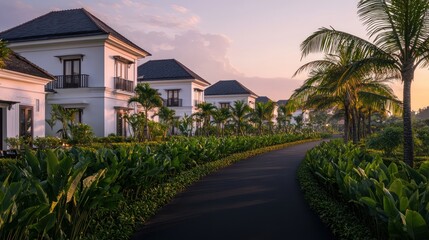 Fototapeta premium A luxury hotel with pearl-white walls, dark slate roof tiles, and a balanced design