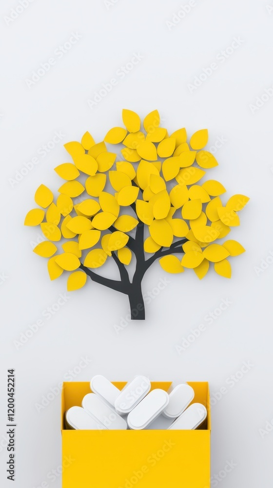 Poster zero waste concept for cleanliness in reuse. a vibrant yellow tree made of leaves stands above a box