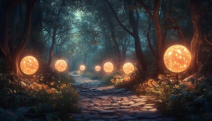 Magical forest path with glowing orbs.