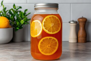Zero waste concept for cleanliness in reuse. A jar filled with orange-infused tea, featuring vibrant citrus slices, set against a stylish kitchen backdrop.