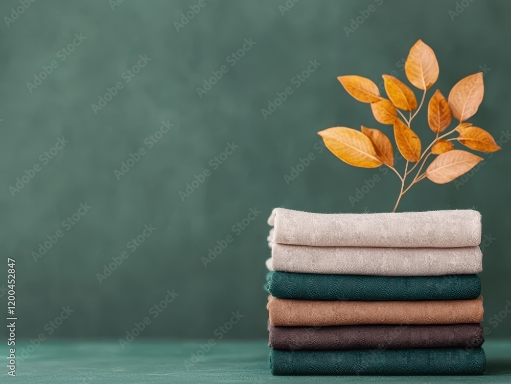 Aufkleber zero waste concept for cleanliness in reuse. a stack of neatly folded fabrics in earthy tones with a