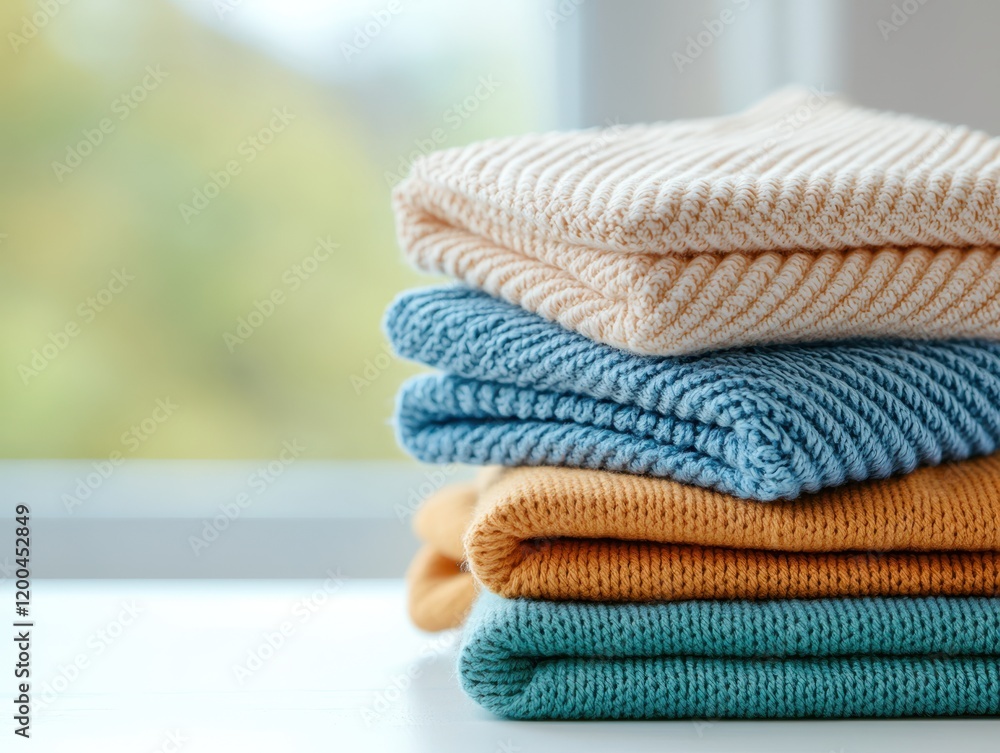 Poster zero waste concept for cleanliness in reuse. a cozy stack of knitted fabric in pastel colors, neatly