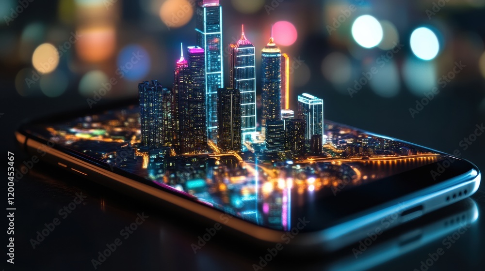 Poster miniature cityscape shines brightly from a glowing smartphone screen at night showcasing modern arch