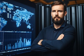 Confident Man Global Data Analyst Serious Expression Technology World Map Screen