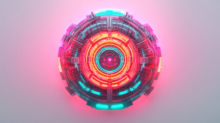 A vibrant circular neon emblem, abstract symmetrical patterns radiating from the center, vivid pink