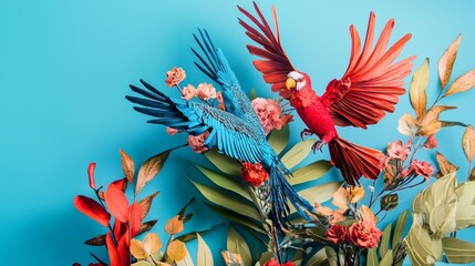 Fototapeta premium Colorful Parrots and Tropical Flowers on Blue