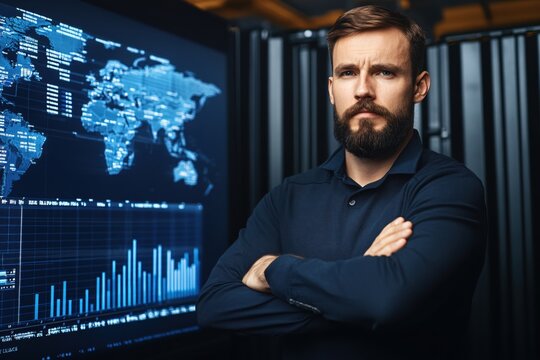 Confident Man Global Data Analyst Serious Expression Technology World Map Screen