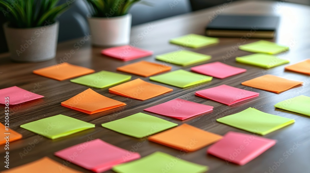 Poster colorful sticky notes arranged on wooden table brainstorming session