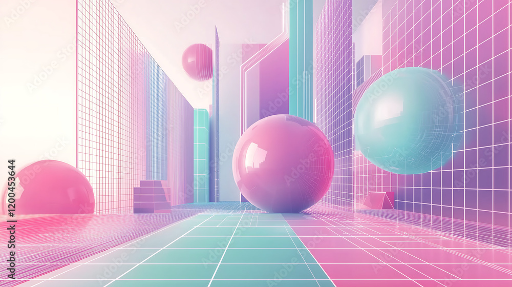 Poster futuristic abstract digital design featuring colorful spheres and neon grids in a minimalist archite