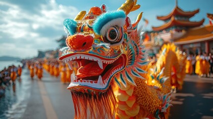 Fototapeta premium Dragon Dance Parade, Waterfront Temple, Festive Celebration