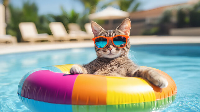 cat in sunglasses relaxing on a pool float in summer