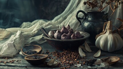 Rustic Kitchen Setting with Garlic and Herbs