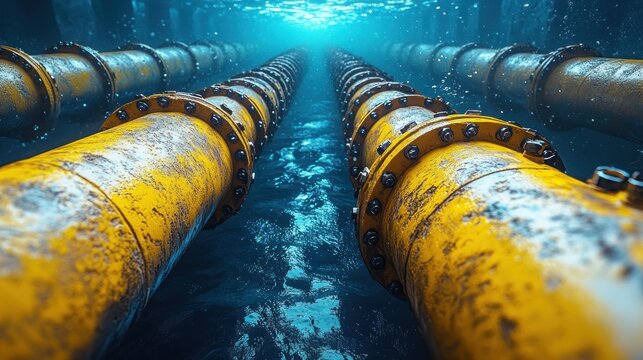Underwater Gas Pipeline Scene with Textured Yellow Tubes and Blue Light