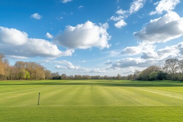 Fototapeta premium Lush Green Golf Course Under Bright Blue Sky with White Clouds and Serene Landscape for Outdoor Recreation and Sports Imagery