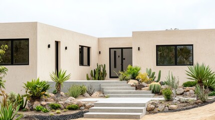 Fototapeta premium A minimalist dynamic home in pale beige stucco with smooth concrete walls and black window frames