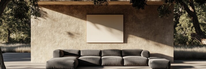 Outdoor sectional sofa, beige wall, blank canvas, garden view. Relaxing patio scene