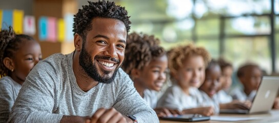 Obraz premium Happy teacher with kids learning, classroom background