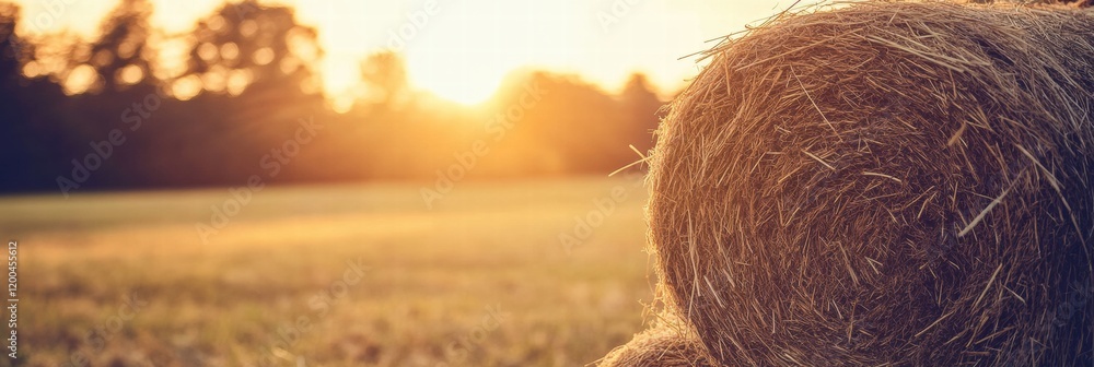 Poster sunset over a hay field with rolled hay bales creating a serene rural landscape in autumn. generativ