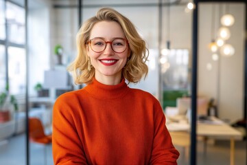Confident Woman in Orange Sweater Smiling in Modern Office